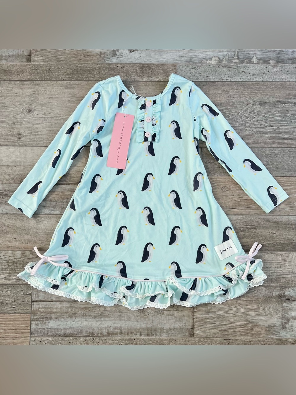 NWT Jane + Jo Girls Long Sleeve Nightgown in Penguin Waddle Size 5